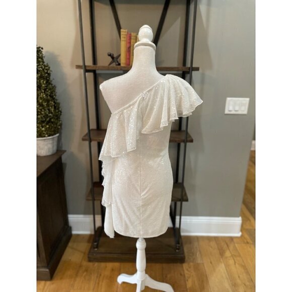 Mac Duggal Ruffle One Shoulder Sequin Mini Cocktail Dress White Womens 4 - Picture 7 of 11